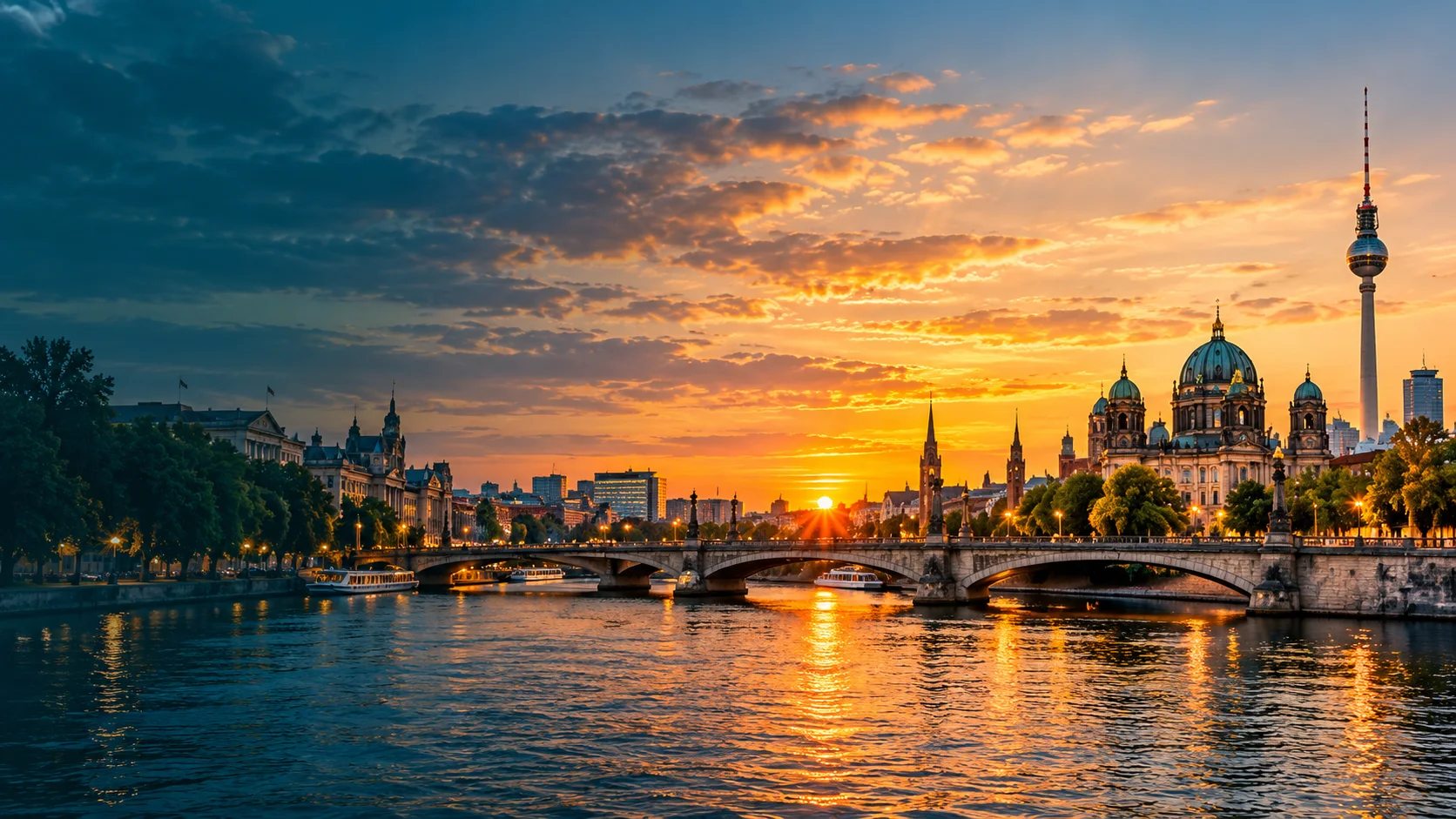 Berlin skyline, cathedral, bridge and river at sunset