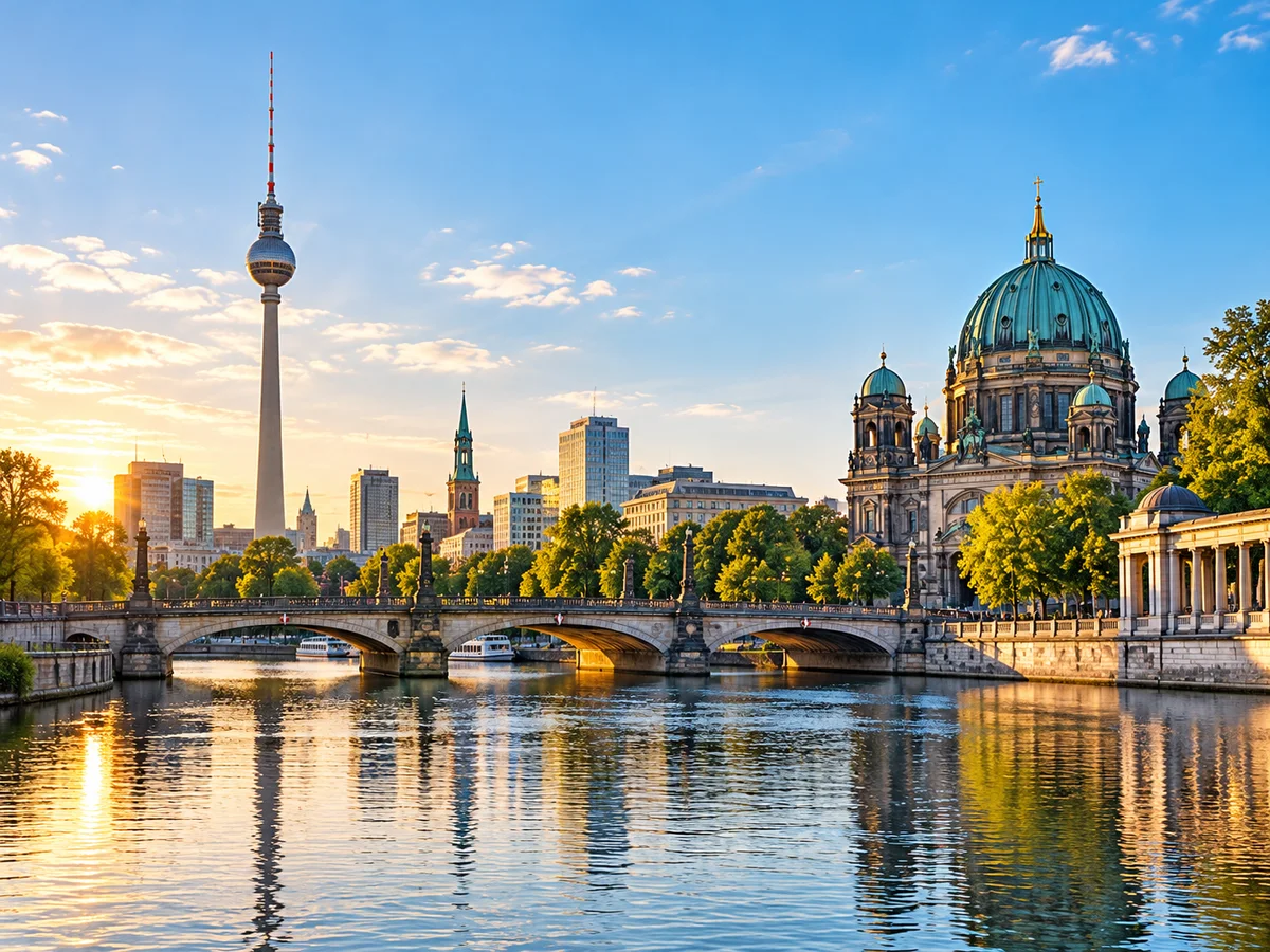 Berlin skyline with TV Tower and cathedral beside the river
