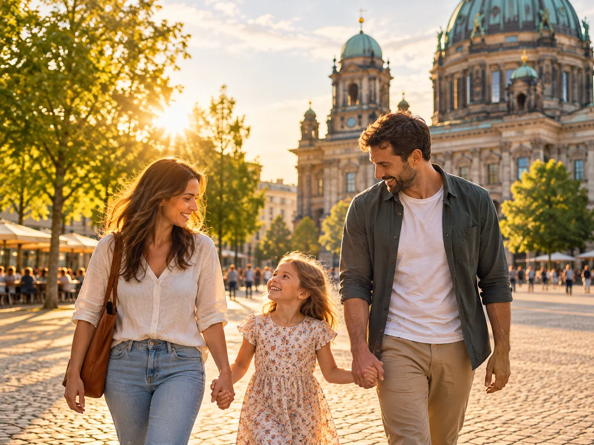 Family walking together in a sunlit German city square