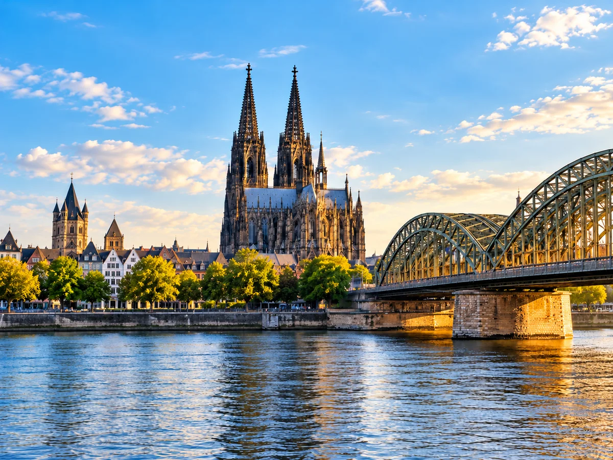 Cathedral and bridge beside a river in Germany