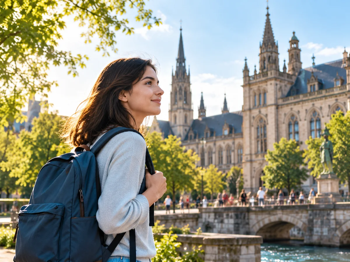 Student with a backpack near a historic university building