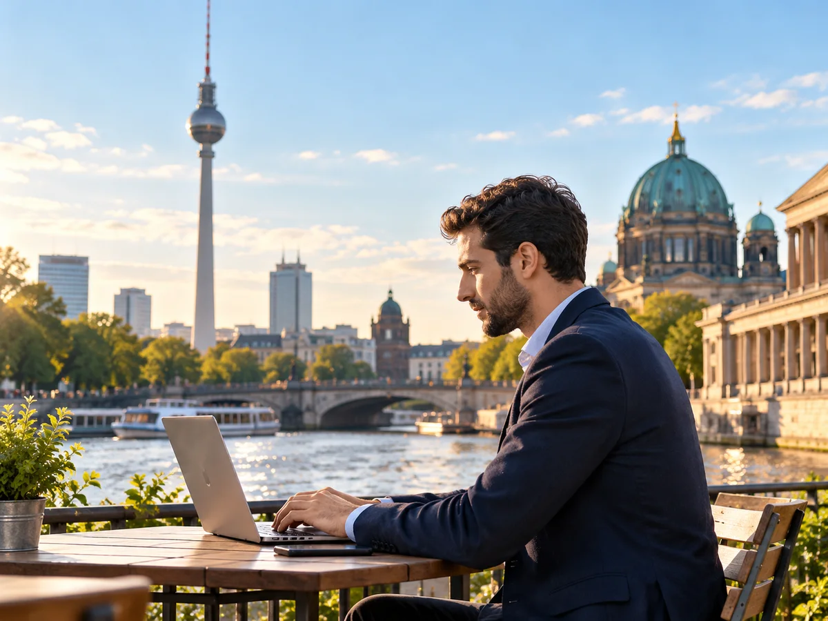 Professional working on a laptop beside the Spree in Berlin